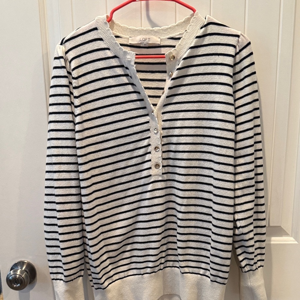 LOFT Women's V-Neck Sweater in Black and White Stripes